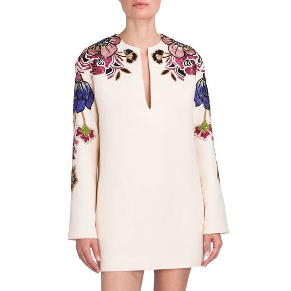 $7000 Valentino Hibiscus Embroidered Virgin Wool & Silk Mini Dress IT 46 / US 10